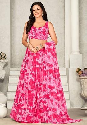 Pink Printed Blended Lehenga Choli