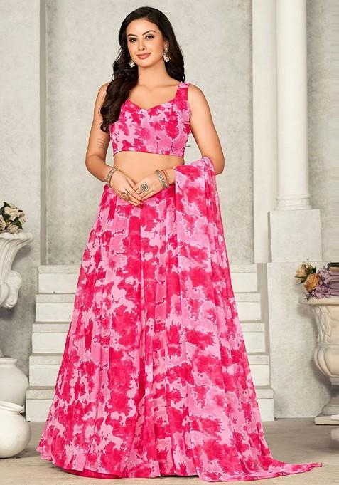 Pink Printed Blended Lehenga Choli — view on Indya