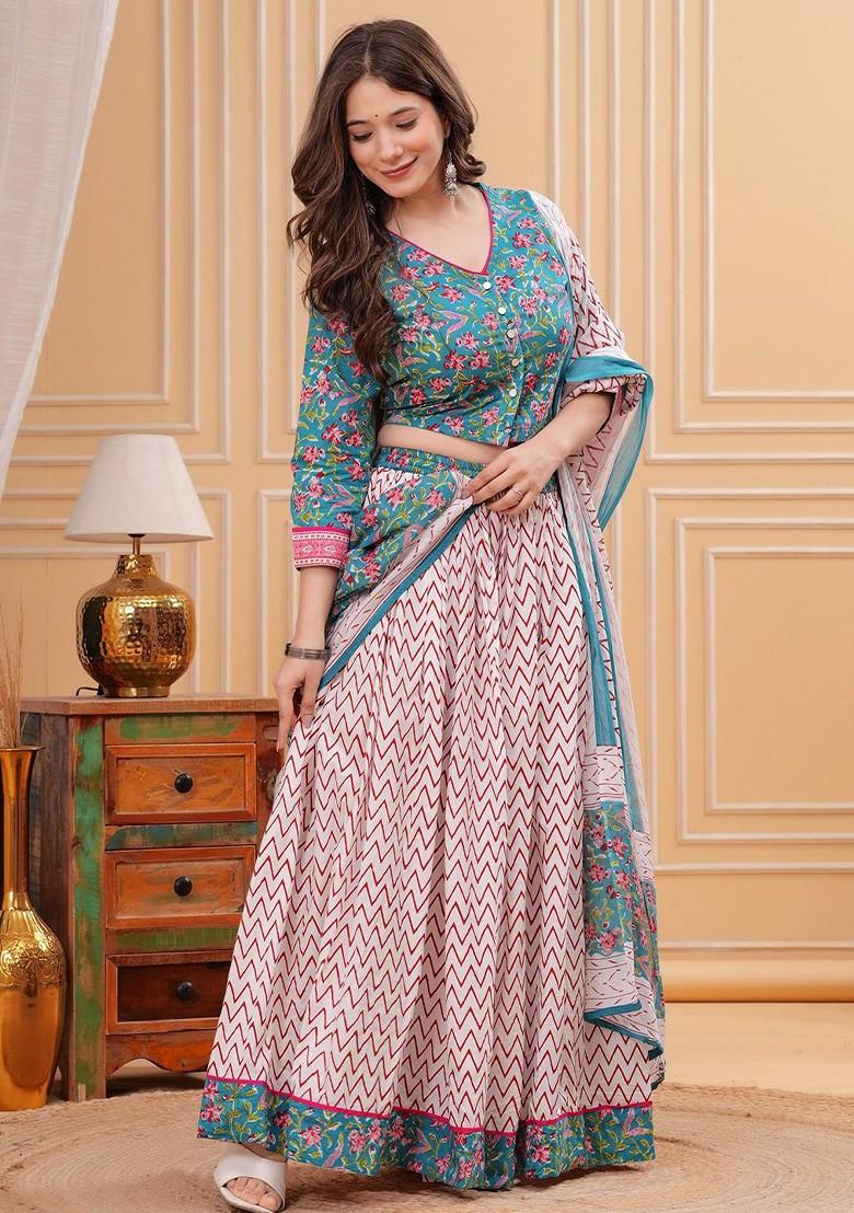 Blue Printed Blended Lehenga Choli - Indya