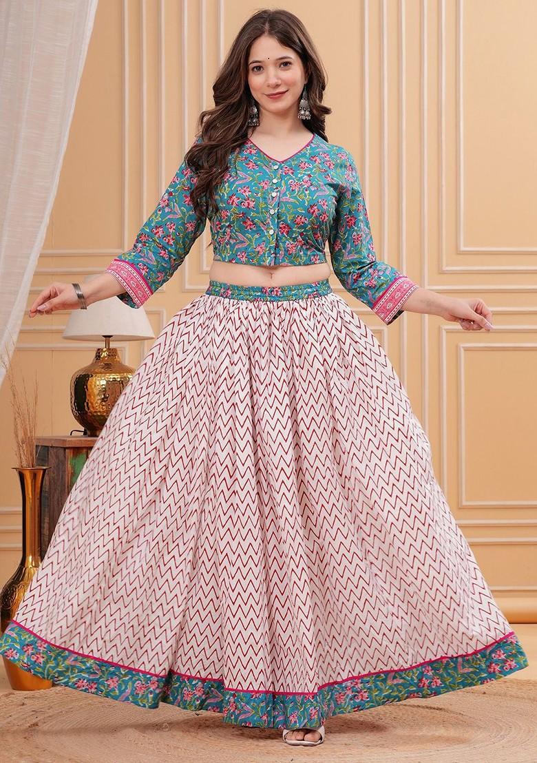 Blue Printed Blended Lehenga Choli