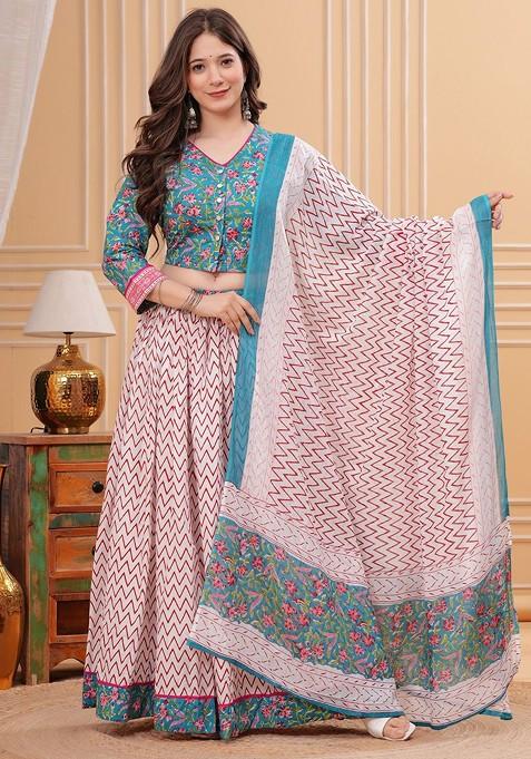 Blue Printed Blended Lehenga Choli