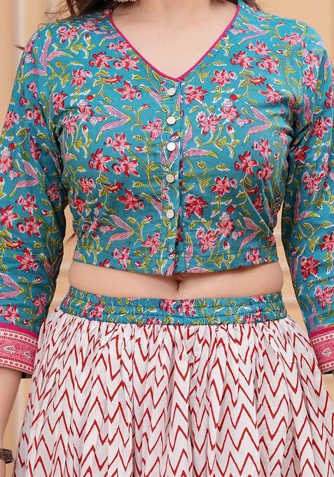 Blue Printed Blended Lehenga Choli