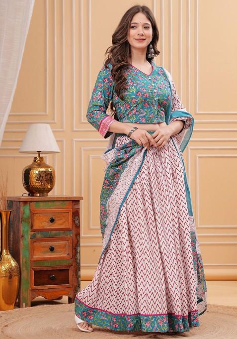 Blue Printed Blended Lehenga Choli
