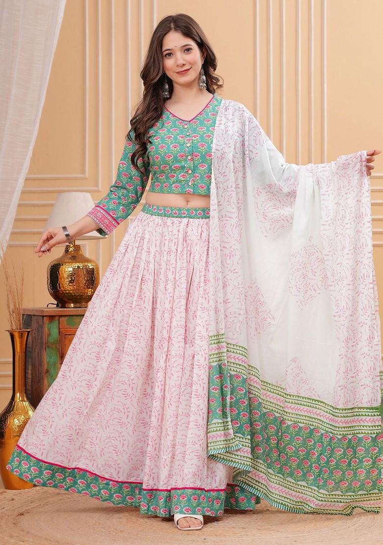 Green Printed Blended Lehenga Choli