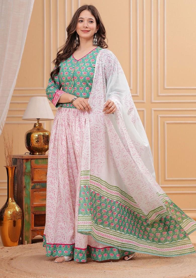 Green Printed Blended Lehenga Choli