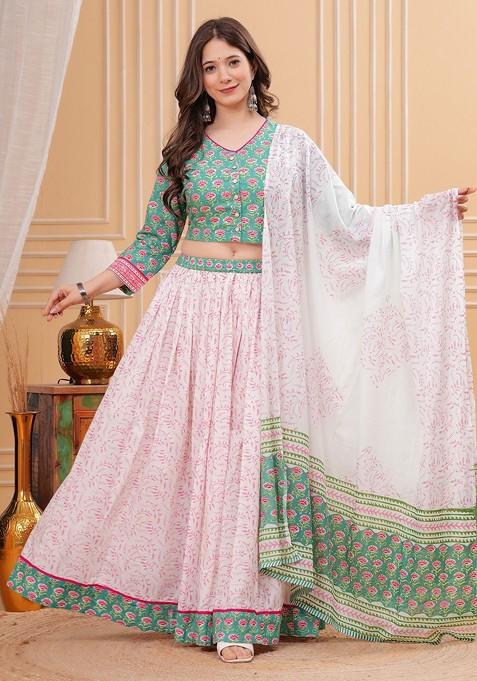 Green Printed Blended Lehenga Choli