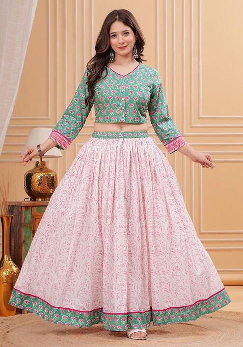 Green Printed Blended Lehenga Choli