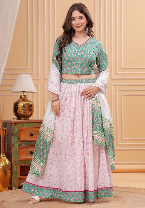 Green Printed Blended Lehenga Choli