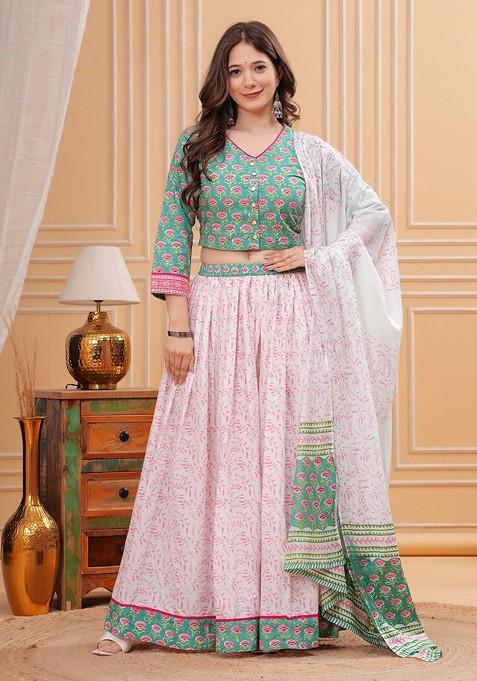 Green Printed Blended Lehenga Choli