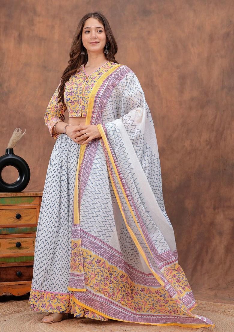 Yellow Printed Blended Lehenga Choli