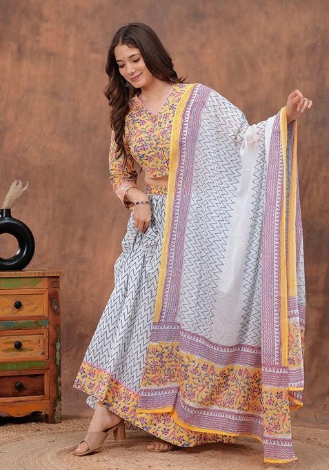 Yellow Printed Blended Lehenga Choli