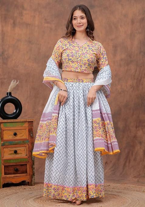 Yellow Printed Blended Lehenga Choli