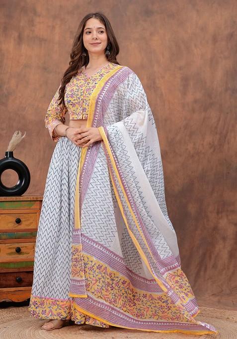 Yellow Printed Blended Lehenga Choli