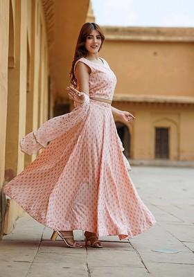 Cream Printed Blended Lehenga Choli