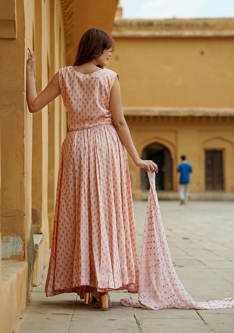 Cream Printed Blended Lehenga Choli