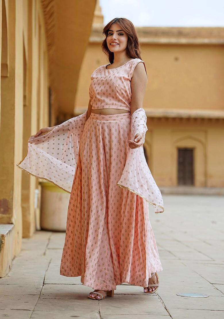 Cream Printed Blended Lehenga Choli