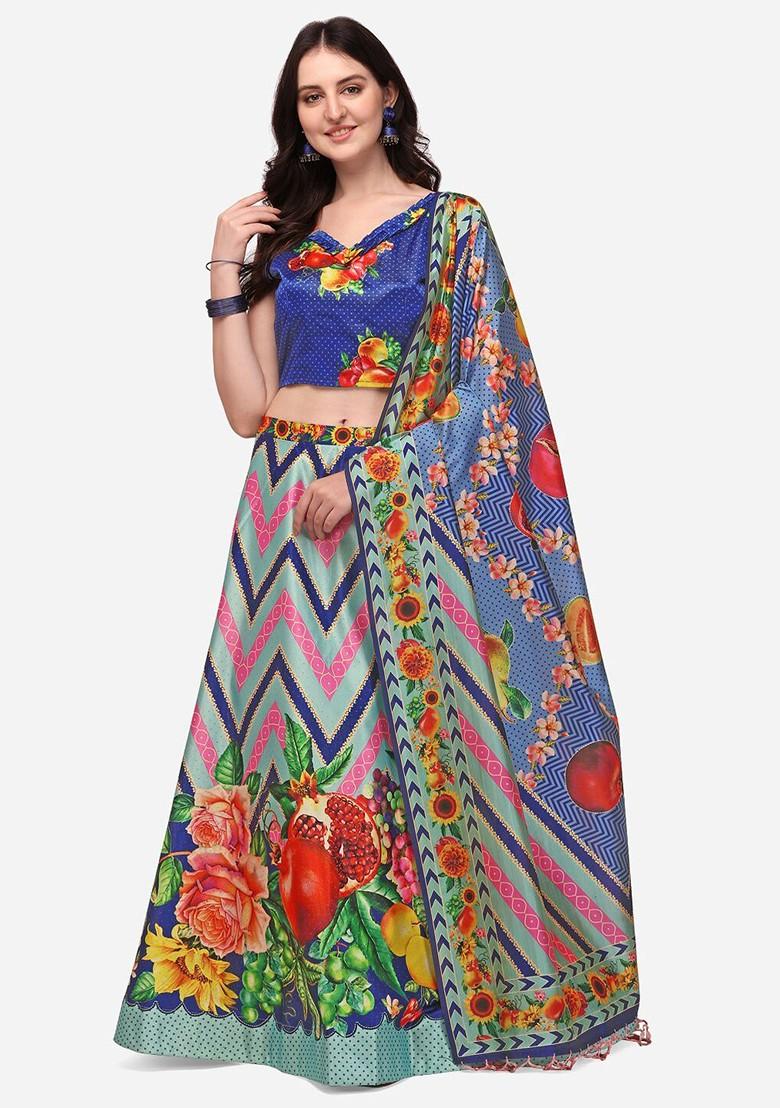 Blue Printed Blended Lehenga Choli - Indya