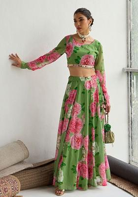 Green Printed Blended Lehenga Choli