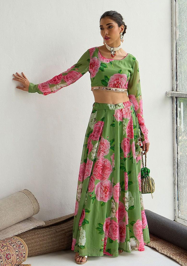 Green Printed Blended Lehenga Choli