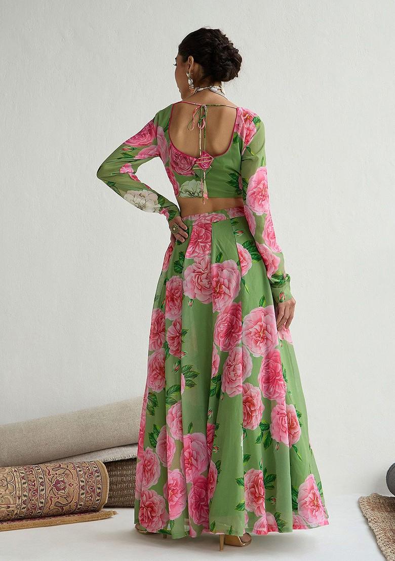 Green Printed Blended Lehenga Choli