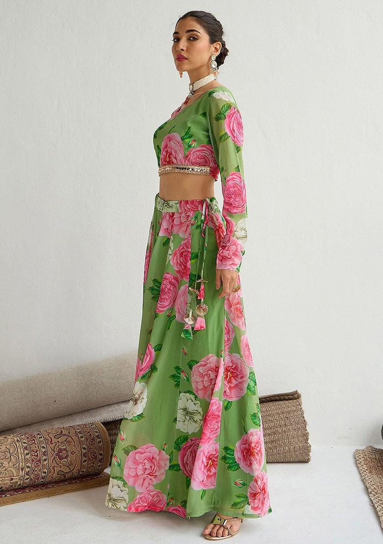 Green Printed Blended Lehenga Choli - Indya