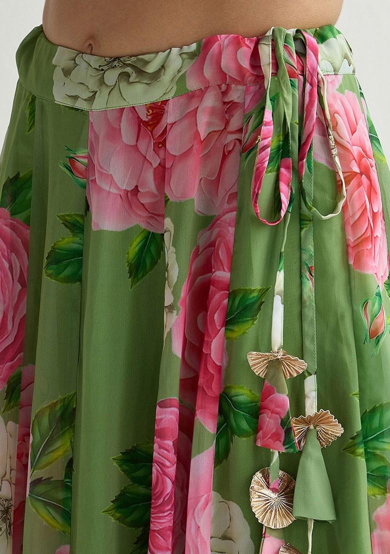 Green Printed Blended Lehenga Choli
