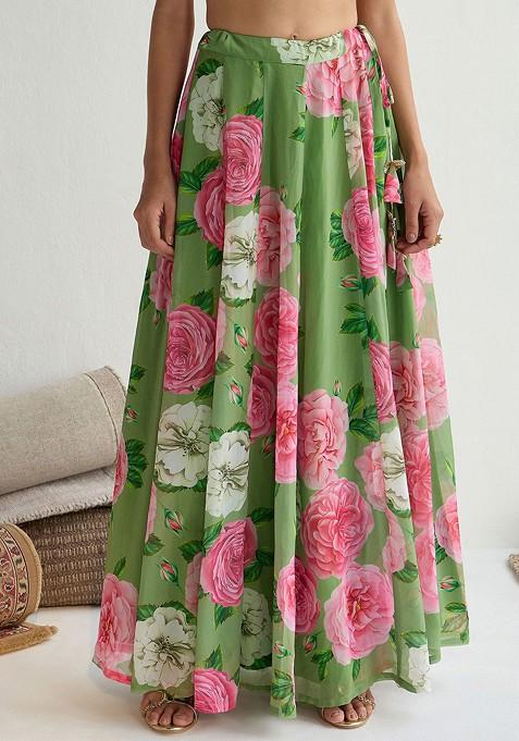 Green Printed Blended Lehenga Choli