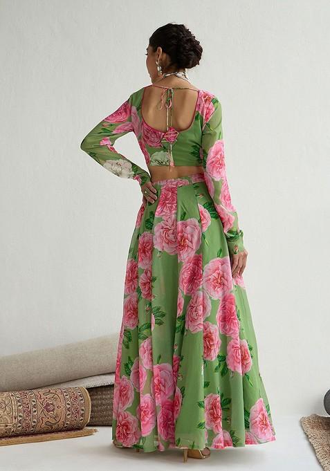 Green Printed Blended Lehenga Choli