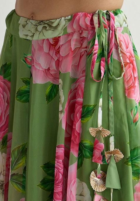 Green Printed Blended Lehenga Choli