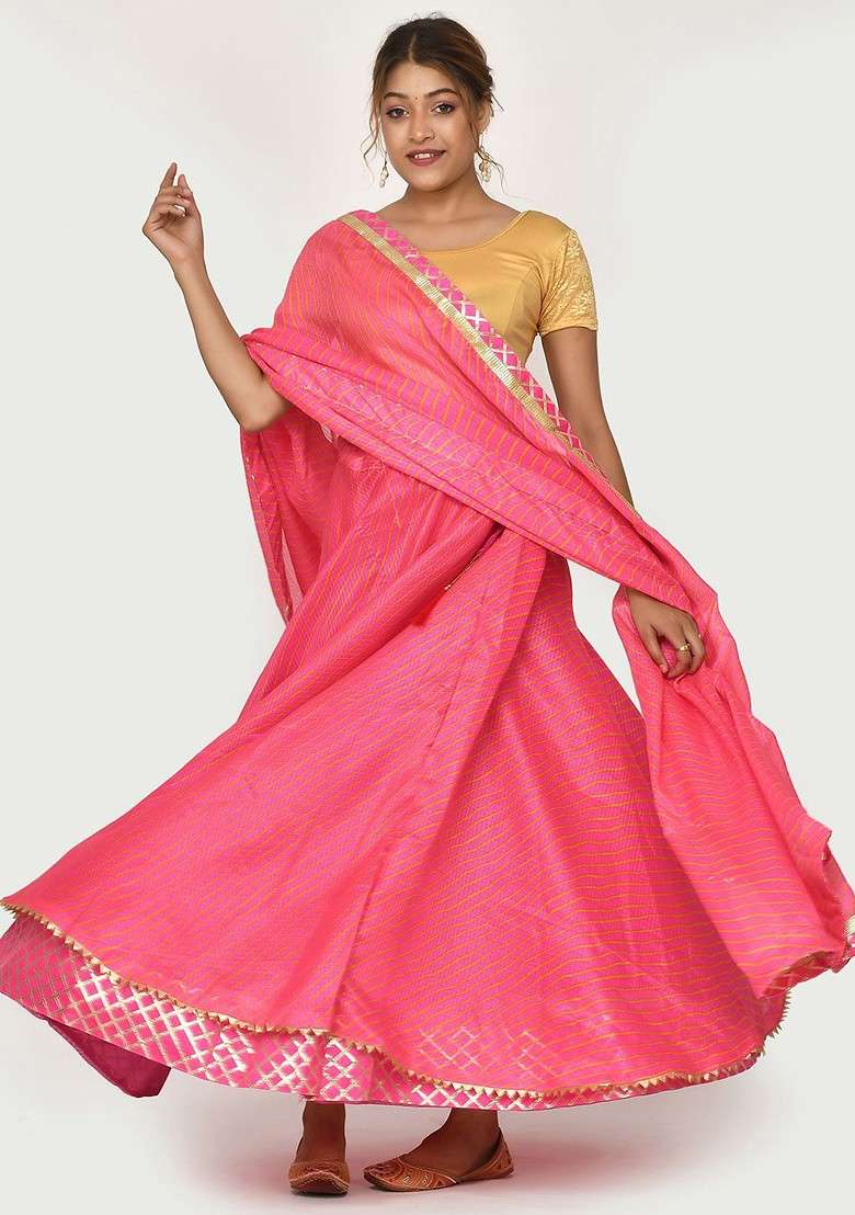 Pink Printed Blended Lehenga Choli - Indya