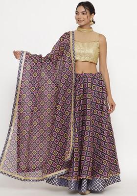 Purple Printed Blended Lehenga Choli
