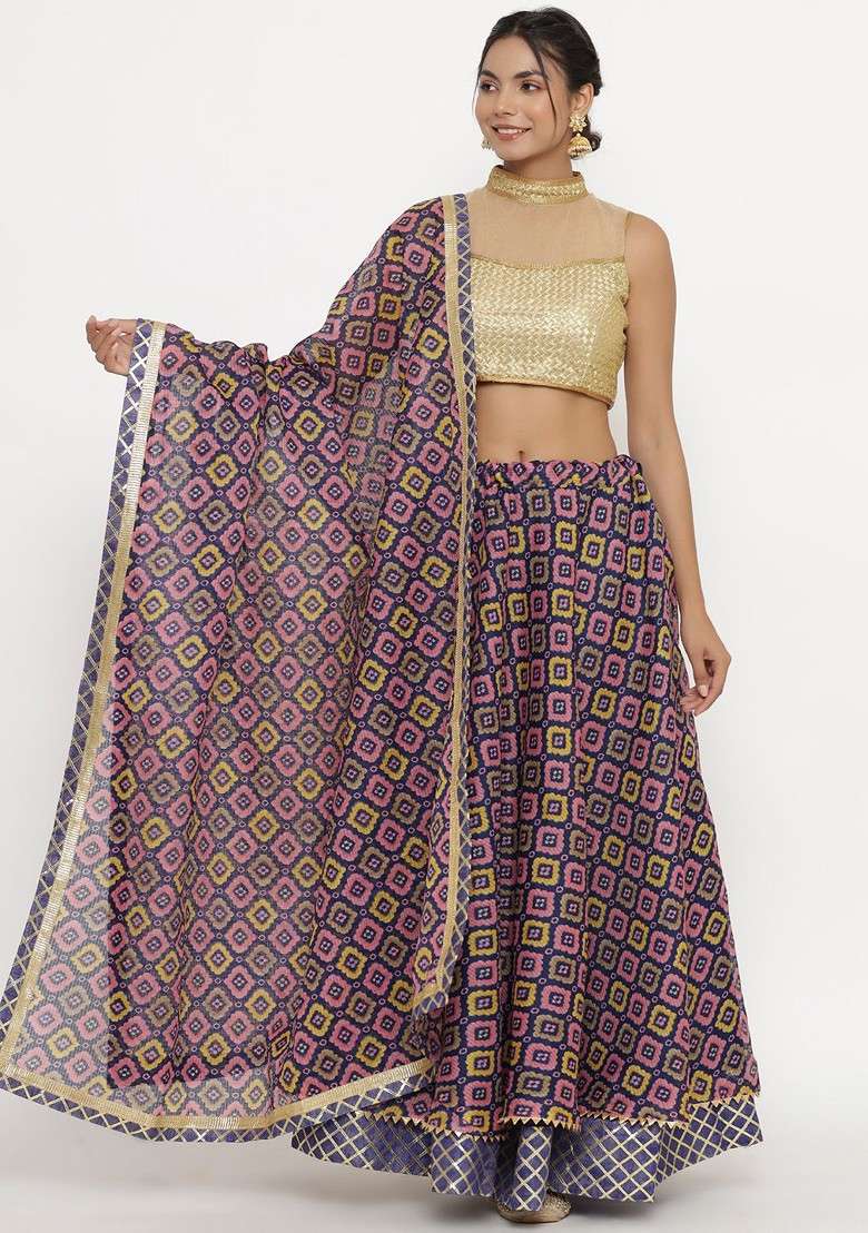 Purple Printed Blended Lehenga Choli - Indya