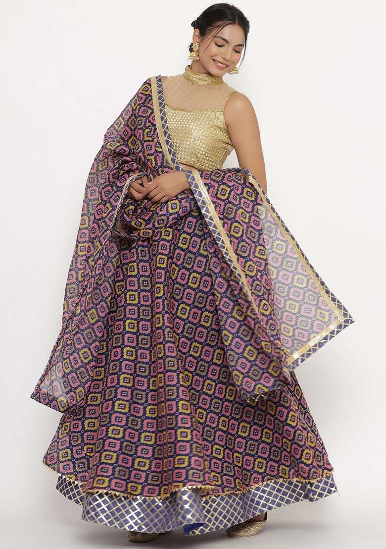 Purple Printed Blended Lehenga Choli - Indya