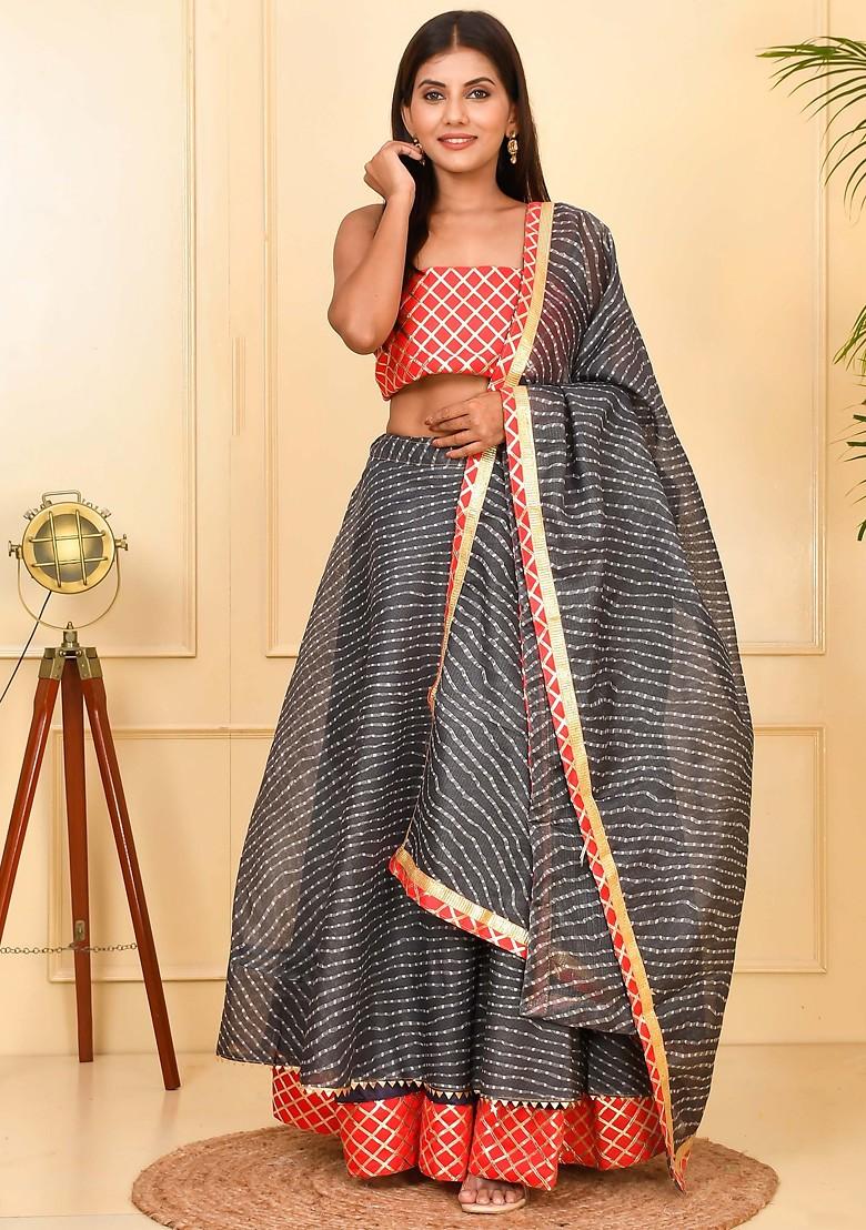 Grey Printed Blended Lehenga Choli - Indya