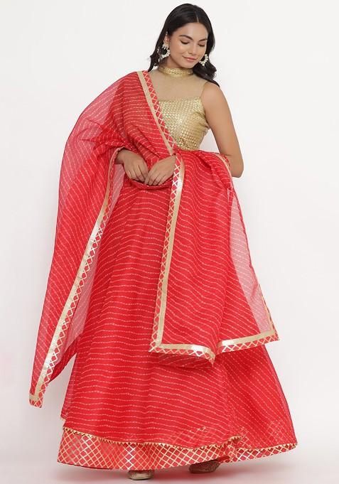 Red Embellished Blended Lehenga Choli