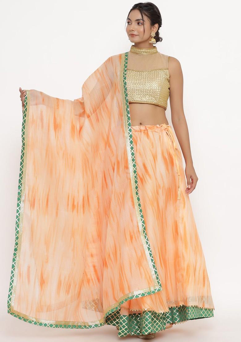 Cream Printed Blended Lehenga Choli