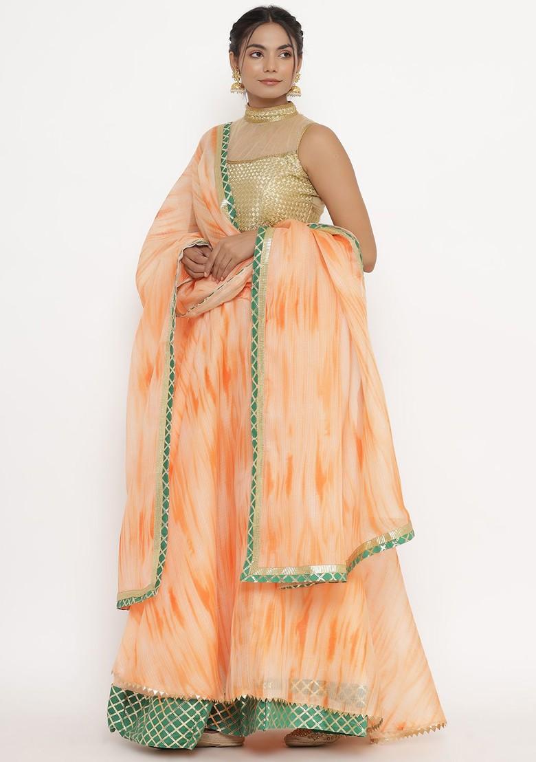 Cream Printed Blended Lehenga Choli