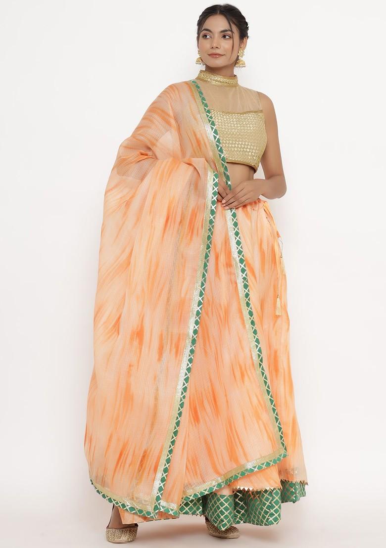 Cream Printed Blended Lehenga Choli