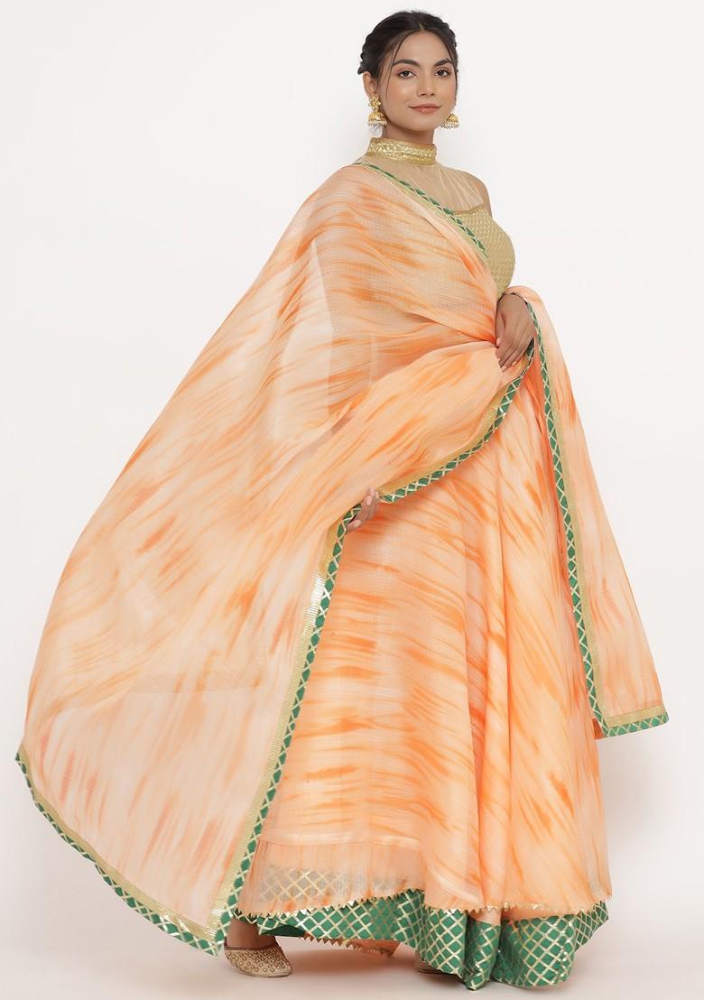 Cream Printed Blended Lehenga Choli