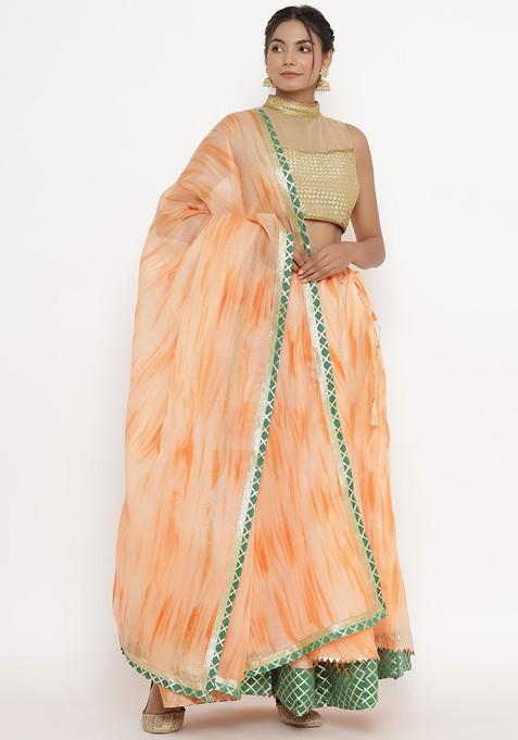 Cream Printed Blended Lehenga Choli