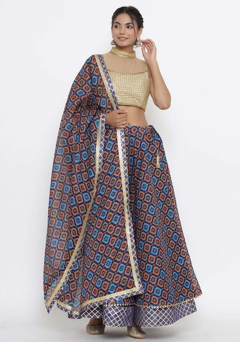 Purple Printed Blended Lehenga Choli - Indya