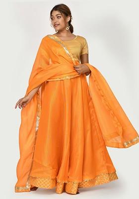 Yellow Printed Blended Lehenga Choli