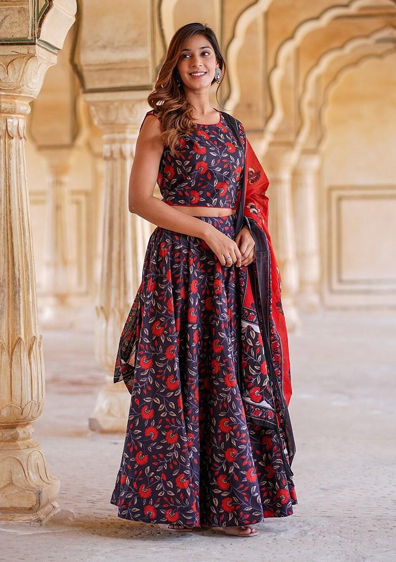 Navy Blue Printed Blended Lehenga Choli