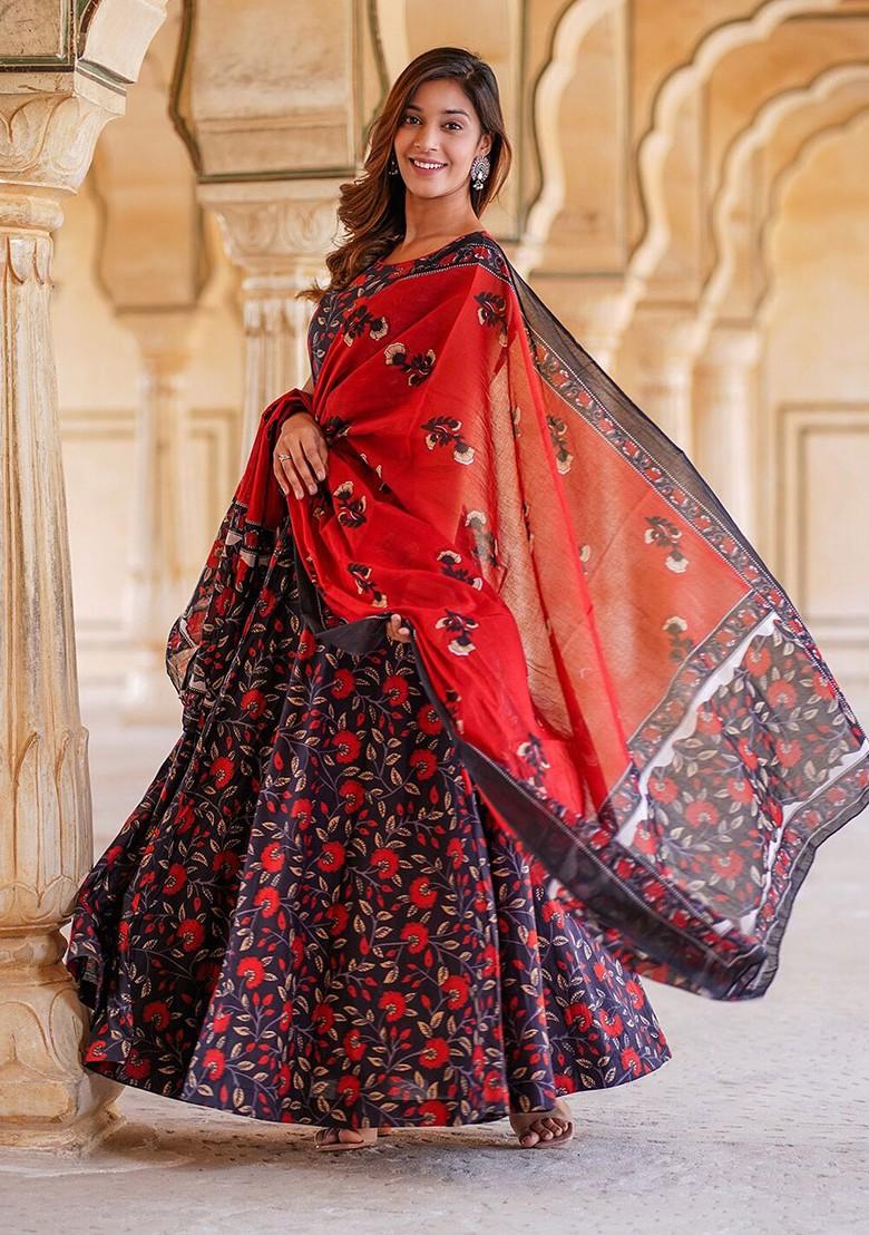 Navy Blue Printed Blended Lehenga Choli