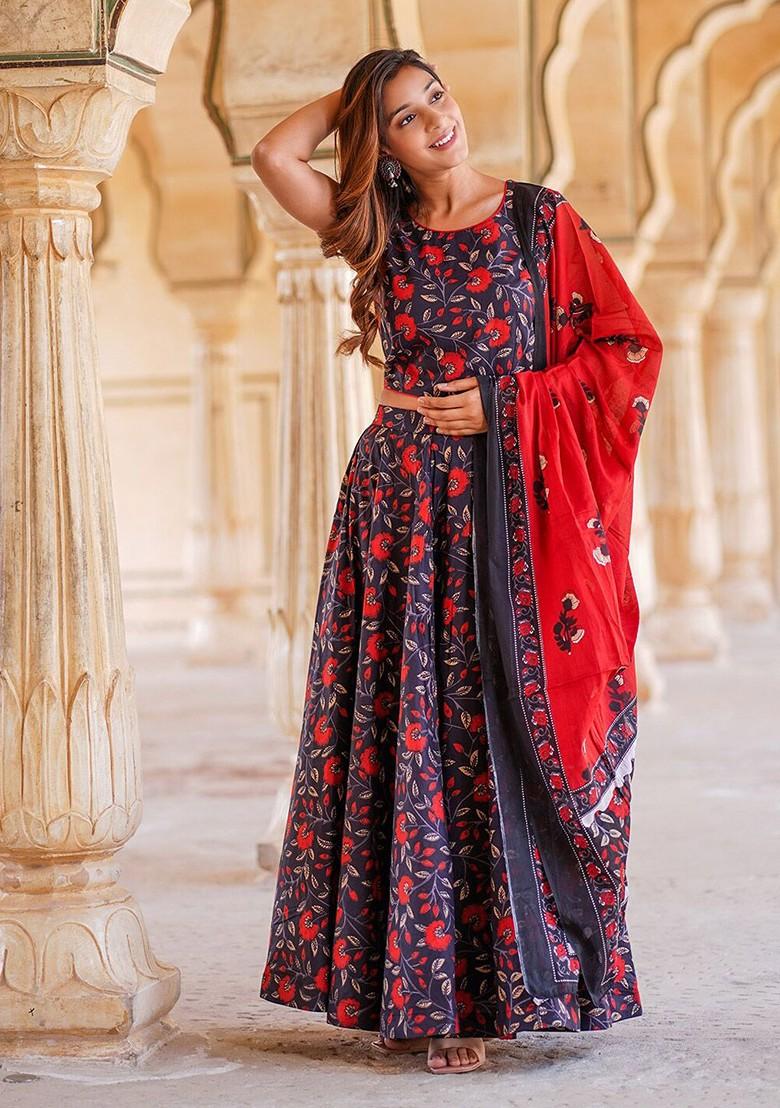 Navy Blue Printed Blended Lehenga Choli