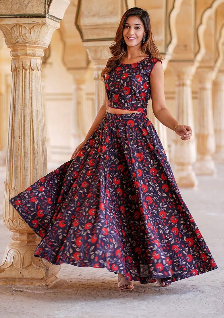 Navy Blue Printed Blended Lehenga Choli