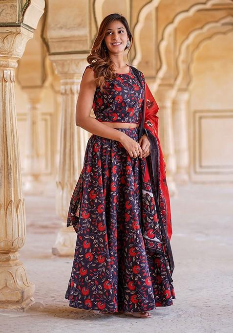 Navy Blue Printed Blended Lehenga Choli