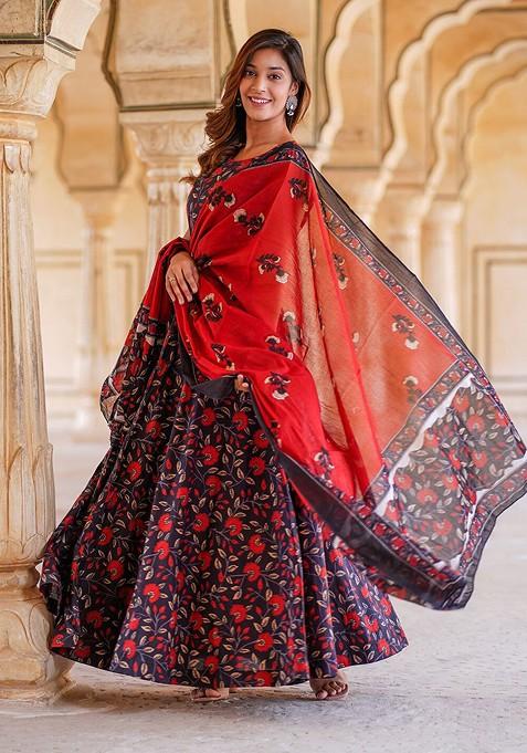 Navy Blue Printed Blended Lehenga Choli