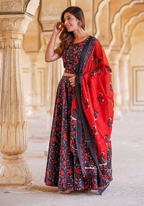 Navy Blue Printed Blended Lehenga Choli