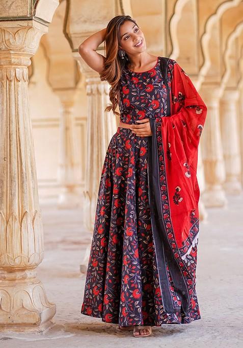 Navy Blue Printed Blended Lehenga Choli